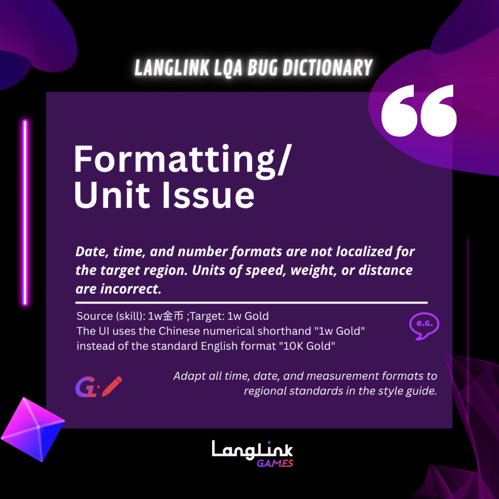 LangLink LQA Bug Dictionary Formatting Unit Issue